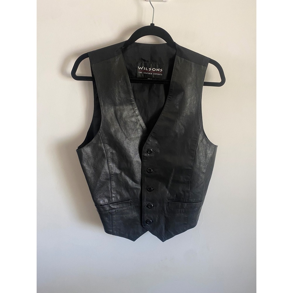 Wilsons The Leather Experts Men Black Leather Vest Waistcoat Size S Button Front